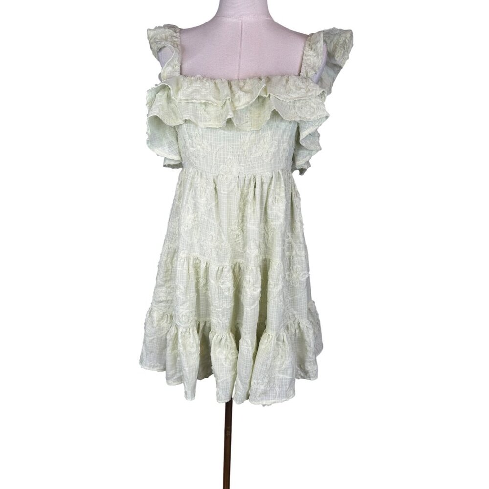 NWT All In Favor Medium Pistachio Ruffled Mini Dress Open Back & Adjustable Tie